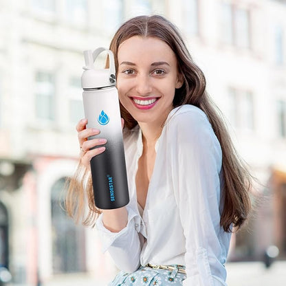 SENDESTAR Water Bottle 32oz Double Wall Vacuum Insulated Leak Proof Stainless Steel Sports Water Bottle—Wide Mouth with New Flex Straw Lid & Spout Lid (Day&Night)
