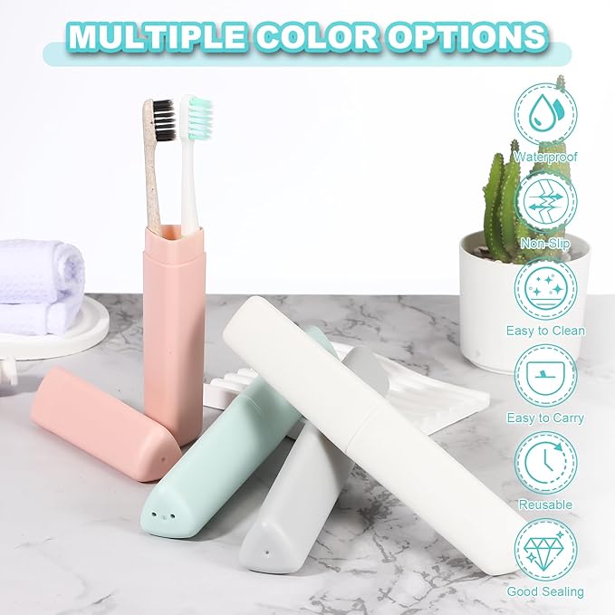 uxcell 4Pcs Travel Toothbrush Case, 8.27 x 1.38 Portable Travel Toothbrush Holder, Plastic Toothpaste Container for Bathroom, Gym, Business Trip, Camping, Pink/Beige