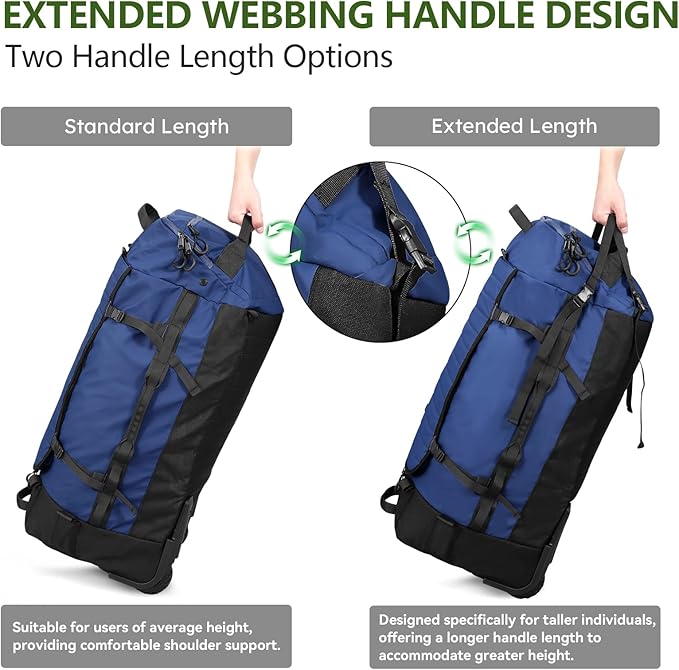 Vomgomfom 86L Collapsible Wheeled Luggage with Removable Backpack Straps,Waterproof Rolling Duffle Bag with Quilted Base,No Telescope Handle,Navy