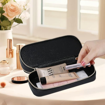 Pinkmik Double Layer Makeup Bag Makeup Brush Case Waterproof Travel Cosmetic & Toiletry Bag Purse Organizer and Car Essentials for Women (Black, Double SLIM)