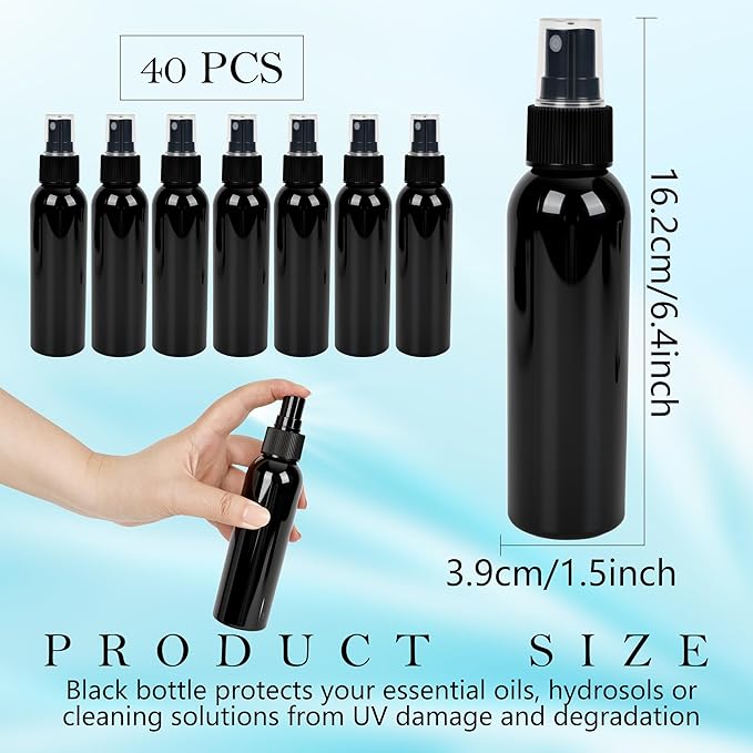 40 Pack Black Plastic Spray Bottles with Cap 4 oz Fine Mist Spray Bottles Refillable Portable Misters Travel Containers for Perfume Cleaning Liquid