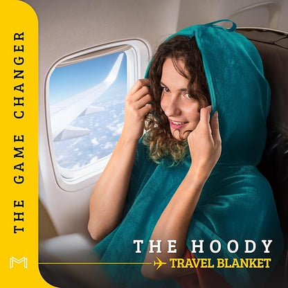 Travel Blanket Airplane Compact with Hoodie – 2in1 Airplane Travel Accessories from Plane Blanket to Travel Pillow with Luggage Strap, Soft Handle & Secure Pocket