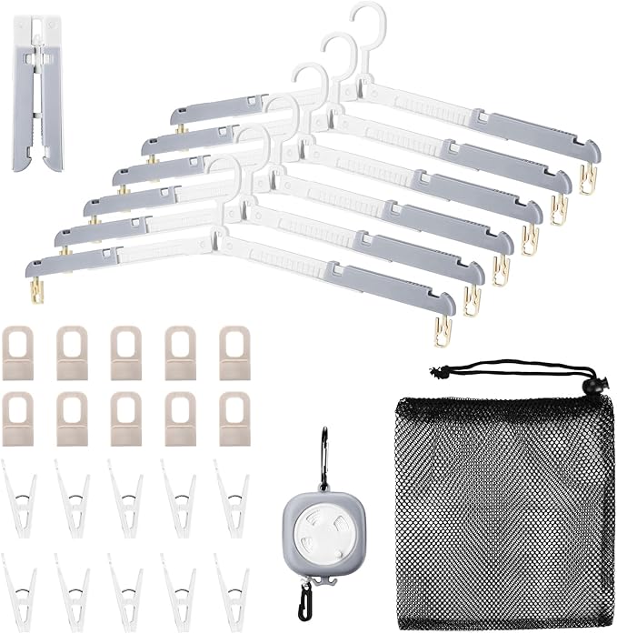 6 Pack Foldable Travel Hangers with Clips & Adjustable Clothesline, Portable Collapsible Hangers with Storage Bag for Suitcase, Hotel, RV, Cruise Essentials Set (Grey)