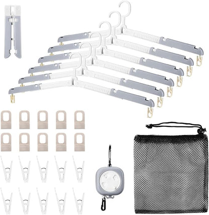 6 Pack Foldable Travel Hangers with Clips & Adjustable Clothesline, Portable Collapsible Hangers with Storage Bag for Suitcase, Hotel, RV, Cruise Essentials Set (Grey)
