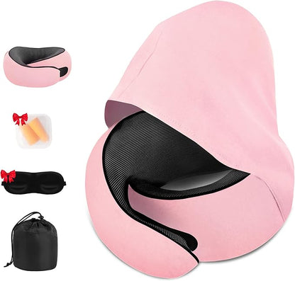 Travel Neck Pillow, Newly Upgraded Hooded Neck Pillow ,100% Pure Memory Foam Travel Pillow for Flight Headrest Sleep,Windproof and heat preservation,Suitable for use in Outdoor/ Plane/Car/Office