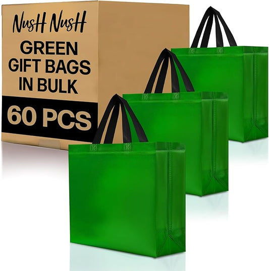 Nush Nush Large Green Gift Bags Bulk – Set of 60 Shiny Reusable Green Gift Bags With Handles - Perfect Goodie Bag for Christmas Gifts, Birthday Party Favor s, Holiday, Parties and Events – 13Wx5Dx11H