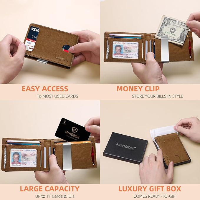 RUNBOX Slim Wallets for Men - Leather Money Clip Mens Wallet - RFID Blocking Front Pocket Bifold Wallet - Thin Credit Card Holder with Gift Box