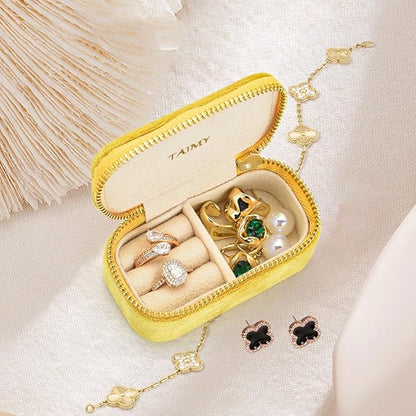 TAIMY Small Travel Jewelry Case, Mini Tiny Plush Velvet Jewelry Box for Women and Girls, Pocket Size Jewelry holder organizer for Rings Earrings and Small Items(Yellow)