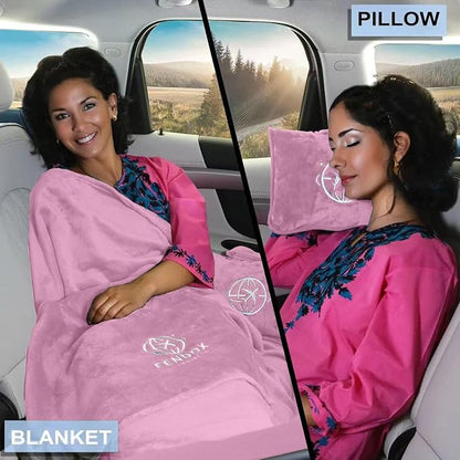 2-in-1 Travel Blanket and Pillow – Lightweight, Compact, Ultra Soft, Machine Washable – Handle, Luggage Sleeve, Backpack Clip – for Trave Airplane, Car, Office (Light Pink)