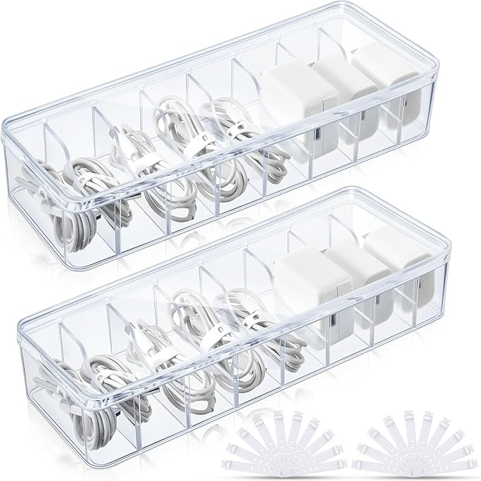 Tatuo 2 Pcs Cable Organizer Box with Wire Ties, Plastic Cord Storage Box with Lid, Electronics Organizer for Home Office Desk Organizers and Accessories (Clear)