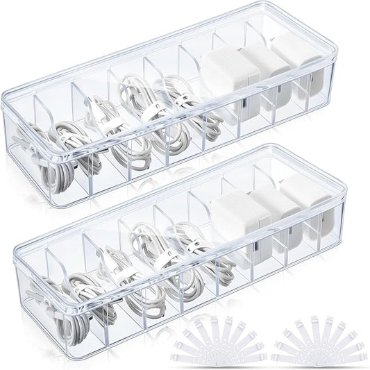 Tatuo 2 Pcs Cable Organizer Box with Wire Ties, Plastic Cord Storage Box with Lid, Electronics Organizer for Home Office Desk Organizers and Accessories (Clear)