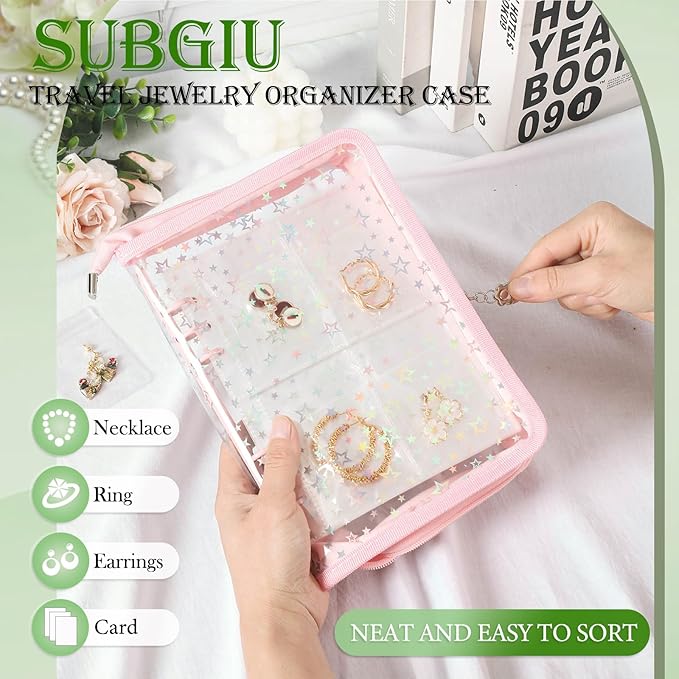 Jewelry Organizer Storage Book Travel Large Clear Earring Storage Case Transparent Bracelet Organizer Case (Pink, Set Pack of 2 Jewelry books)