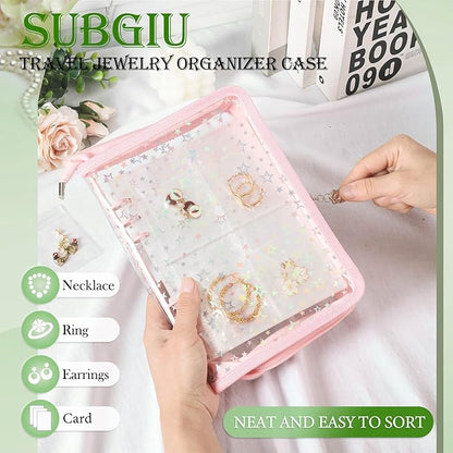 Jewelry Organizer Case Travel Clear Earring Organizer Case Transparent Jewelry Storage Book with Clear Zippered Jewelry Pouch (Pink, With 80 Pcs small Jewelry Pouches)