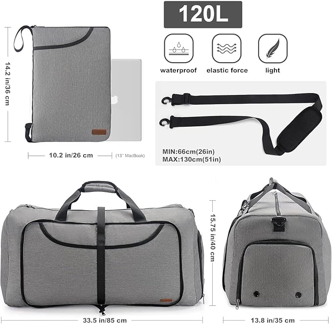 120L Duffle Bag for Travel, Large Foldable Waterproof Travel Duffel Bags Weekender Overnight Bag for Men and Women with Shoe Compartment (Gray)