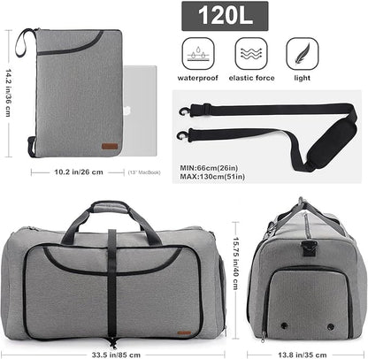 120L Duffle Bag for Travel, Large Foldable Waterproof Travel Duffel Bags Weekender Overnight Bag for Men and Women with Shoe Compartment (Gray)