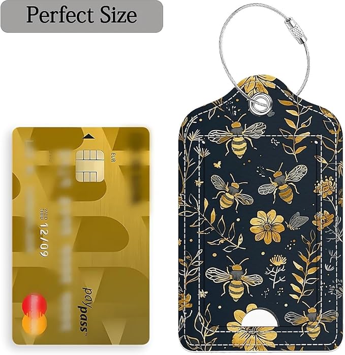 Funny PU Leather Luggage Tags 2-Pack Suitable for Suitcase Stainless Steel Loop and Address Card Essential with Cruise and Airport Travel Vintage Yellow Bee Floral Cute Pattern