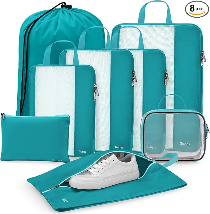 Gonex 8 Set Compression Packing Cubes, Expandable Mesh Organizer for Travel Accessories, Essentials With Toiletry, Laundry, Shoe, Cable Bags for Suitcases, Blue