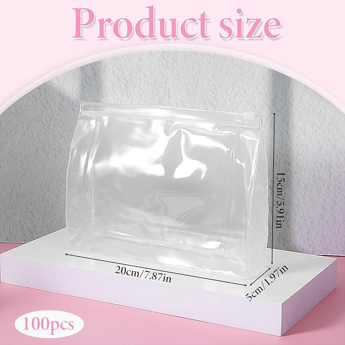 100pcs Small Clear Makeup Bag 7.9"× 5.9"× 2" Reusable Plastic Zipper Pouches Mini Clear Zipper Pouch Travel Plastic Cosmetic Organizer Transparent Waterproof for Toiletries Swimsuit Bikini Bathing