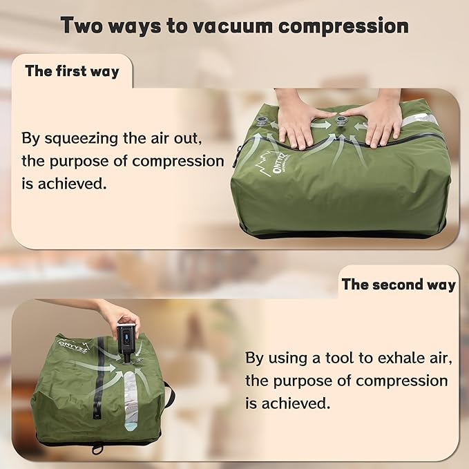 ONTYZZ Travel Vacuum Compression Bags Space Saver Vacuum Bags Reusable Compression Bag with IP67 Waterproof Zipper for Travel Suitcases and Backpack,Two Pack Green（NO PUMP!）