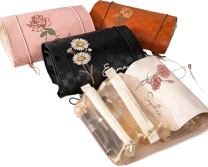callie Personalized Makeup Bag - Custom Name & Birth Flower, Leather Cosmetic Organizer Make Up Bag, Birthday Christmas Travel Gifts for Women