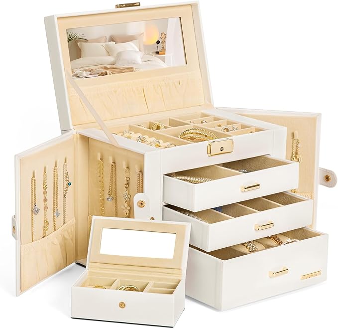 Homde 2 IN 1 Jewelry Box for Women Girls with Small Travel Case Mirror Necklace Ring Earrings Organizer - Christmas Gifts(White + Gold)