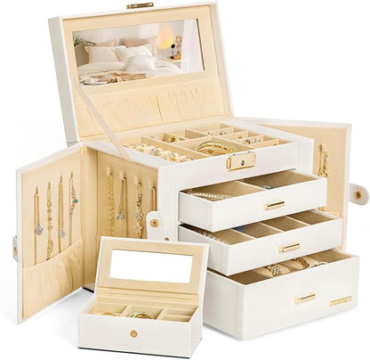 Homde 2 IN 1 Jewelry Box for Women Girls with Small Travel Case Mirror Necklace Ring Earrings Organizer - Christmas Gifts(White + Gold)
