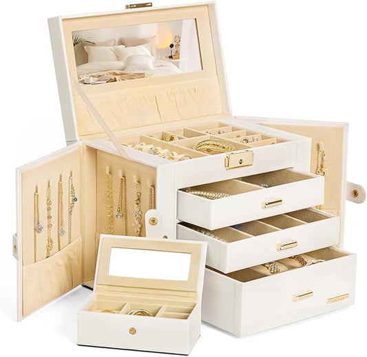 Homde 2 IN 1 Jewelry Box for Women Girls with Small Travel Case Mirror Necklace Ring Earrings Organizer - Christmas Gifts(White + Gold)