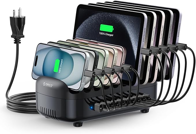 ORICO 120W Charging Station for Multiple Devices, 10-Ports USB Charging Docking Organizer Station, Multi USB Charging Station Compatible with iPad, Tablet, Kindle, Airpods and Cell Phone