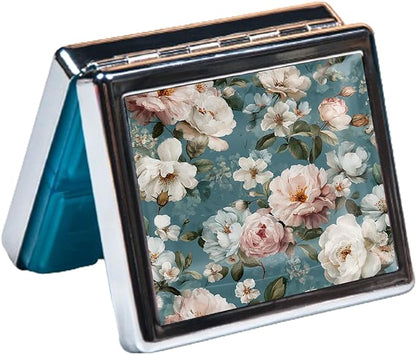 7 Days Chromed Shiny Silver Pill Organizer with Mirror Inside Has 8 Separate Compartments Rectangle,Versatile Storage for Medication - Ideal Travel Accessory (Painted Flowers)