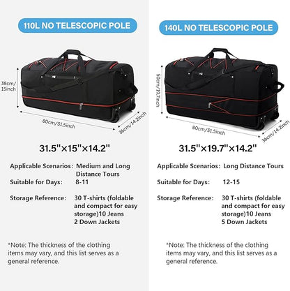 Vomgomfom Wheeled Collapsible Duffel Bag,110L-140L Expandable Checked Luggage, No-Telescopic-Handle with Anti-Burst Zipper & Reinforced Frame,Black-red