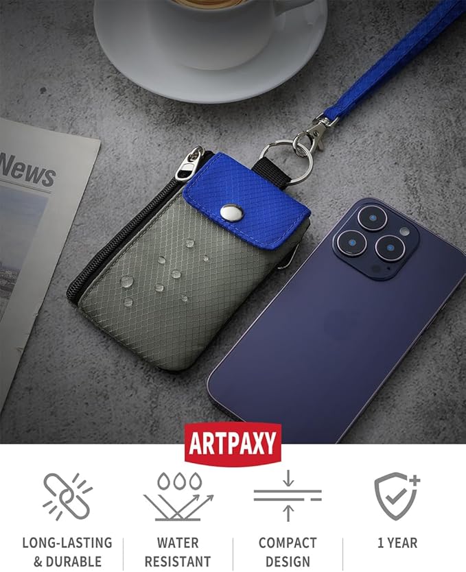 Minimalist Wallet For Mens Womens, Keychain RFID Blocking Zipper Small Wallet with ID Window 2 Lanyards,Water Resistant Travel Cash Card Coin Case Boys Girls