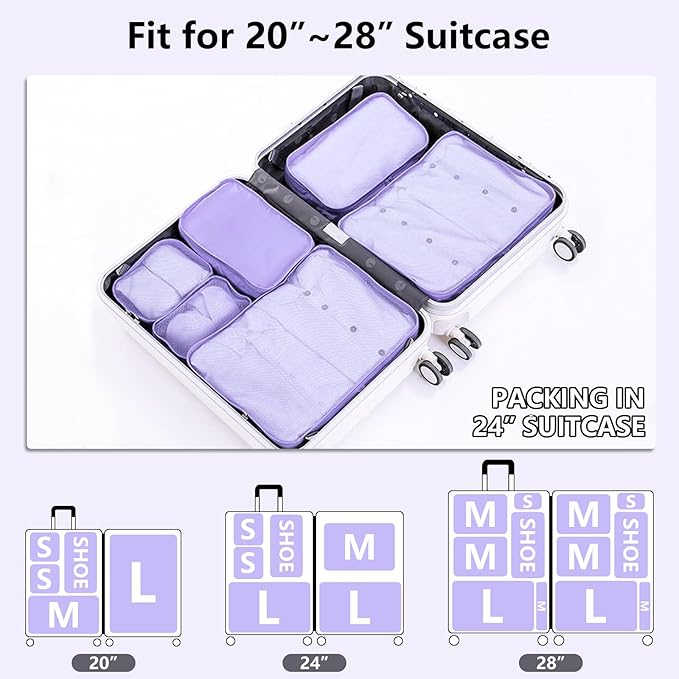 Packing cubes for Travel Luggage Organizer Bags 6 Set Packing Cubes for Suitcases Travel Essentials for Carry on Mesh Suitcase Organizer with Shoe Bag (purple)