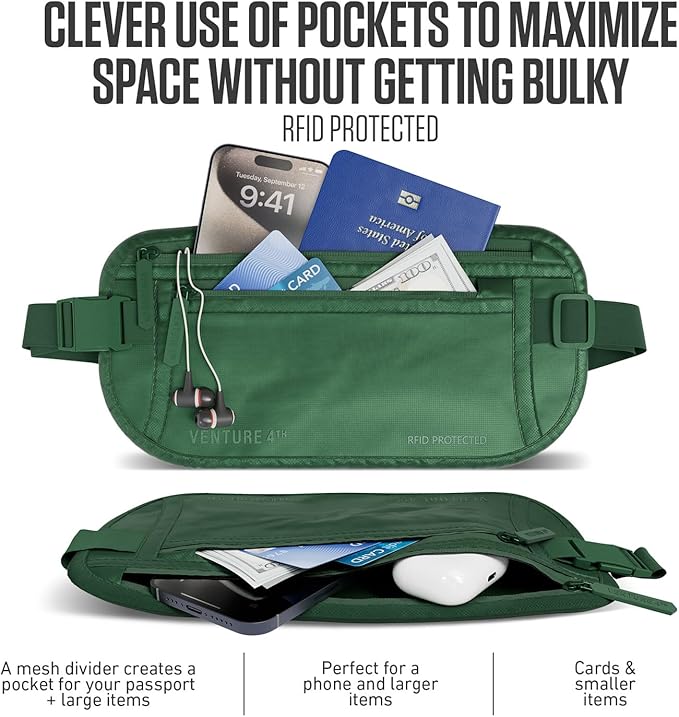 Travel Money Belt, RFID Blocking for Men & Women - Ideal for Keeping Your Cash, Credit Card, Passport, Phone Safe When Traveling (Sleek Army Green)