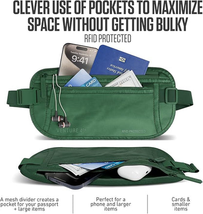 Travel Money Belt, RFID Blocking for Men & Women - Ideal for Keeping Your Cash, Credit Card, Passport, Phone Safe When Traveling (Sleek Army Green)