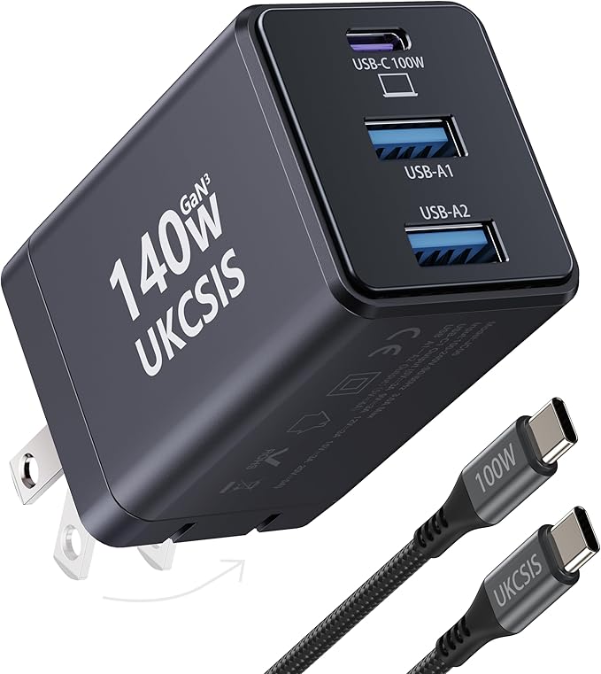 140W USB C Charger Block, Foldable 3-Port Multi-Device Fast Charger USB C Power Adapter for MacBook pro/Air, Dell, Samsung Galaxy, iPad Pro, and More (Black)