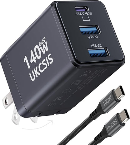 140W USB C Charger Block, Foldable 3-Port Multi-Device Fast Charger USB C Power Adapter for MacBook pro/Air, Dell, Samsung Galaxy, iPad Pro, and More (Black)