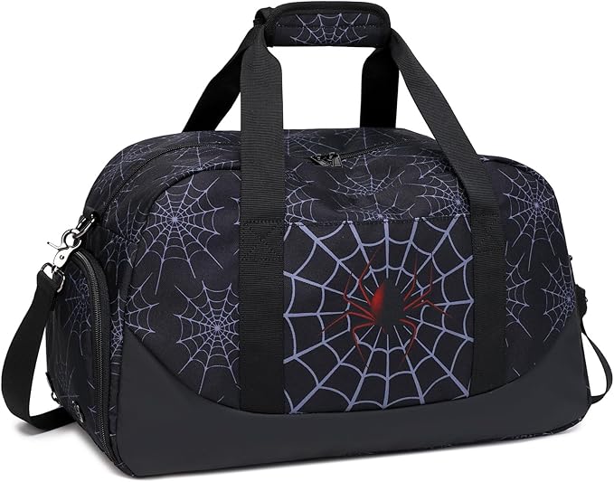 JIANYA Kids Overnight Duffle Bag Spider Sports Gym Bag with Shoe Compartment & Wet Pocket, Carry On Weekender Travel Bag, Black