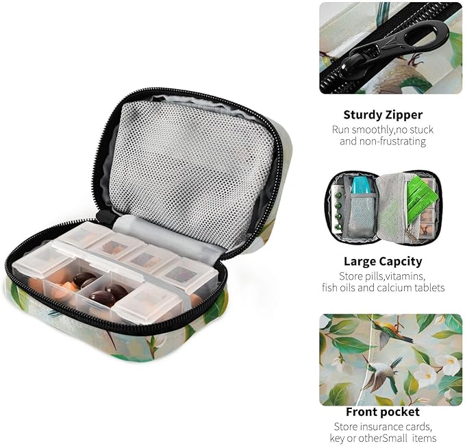 Pill Organizer Box Case Weekly Travel Pill Container Cute Pill Holder 7Day Vitamin Organizer Pill Dispenser Sorter Planner Storage Small Compact Jasmine Flowers Green Leaves and Hummingbird25