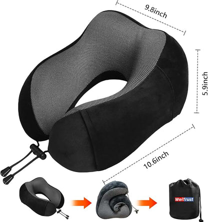 Travel Neck Pillow for Airplane, Memory Foam Travel Pillow for Long Flights & Car Rides - Ergonomic Support with Eye Mask & Ear Plugs