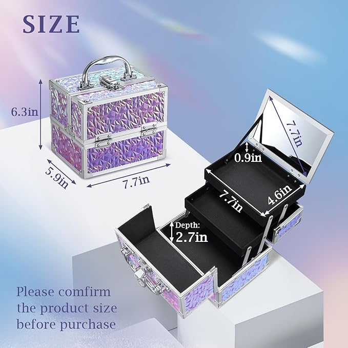 Costravio Makeup Box Organizer with Mirror, Makeup Case Train Case for Girls Women Kids Make up Box Makeup Case Organizer with Lock and Key Storage Vanity for Polishes Cosmetic Jewelry, Shiny Purple