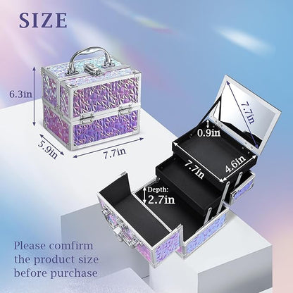 Costravio Makeup Box Organizer with Mirror, Makeup Case Train Case for Girls Women Kids Make up Box Makeup Case Organizer with Lock and Key Storage Vanity for Polishes Cosmetic Jewelry, Shiny Purple