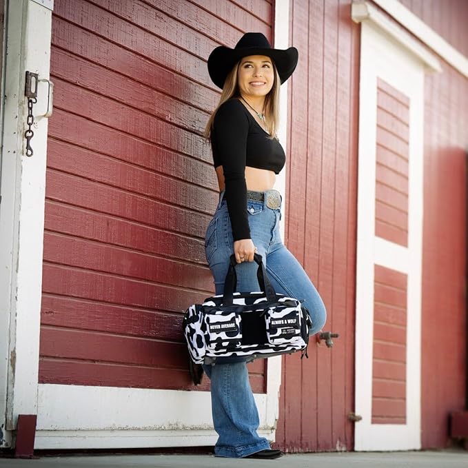 WOLFpak 20L Mini Duffle Bag for Gym & Travel | Waterproof Carry-On Weekender Bag with Shoe Compartment, Hard Bottom, and Tactical Molle System (Black & White Cow)