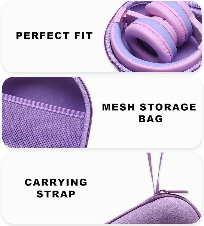 Kids Headphones Case Compatible with iClever BTH12 / BTH20/ BTH26/HS19, JoySpark, Candy Bila, EarFun, MIDOLA, IMYB Foldable Kids Headphones, Purple Travel Storage Bag(Case Only)