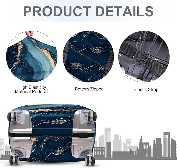 ANNA QUEEN Blue Marble Luggage Cover, Modern Gold Vein Abstract Design Suitcase Protector, Washable Stretchable Travel Sleeve for 32-34 Inch Luggage