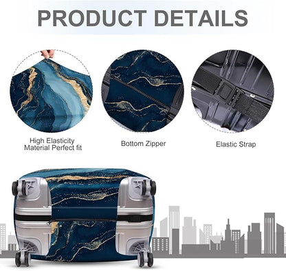 ANNA QUEEN Blue Marble Luggage Cover, Modern Gold Vein Abstract Design Suitcase Protector, Washable Stretchable Travel Sleeve for 32-34 Inch Luggage