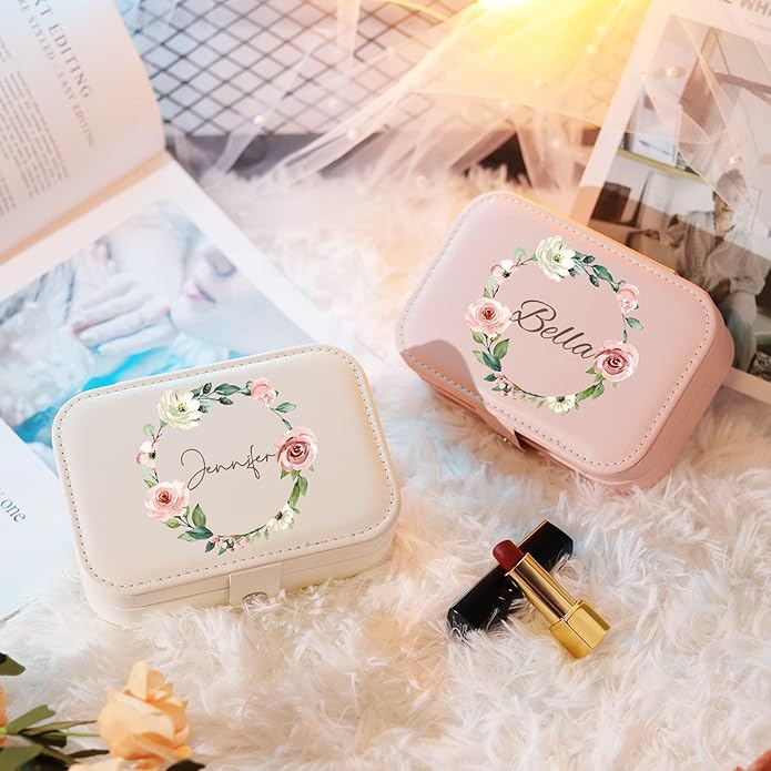 Personalized Jewelry Box for Women, Custom Travel Jewelry Case with Name and Birth Flower, Leather Jewelry Box for Rings, Earrings, Necklaces, Personalized Gifts for Women