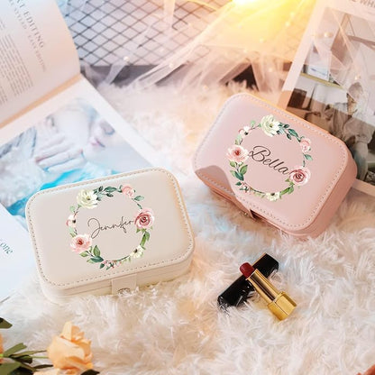 Personalized Jewelry Box for Women, Custom Travel Jewelry Case with Name and Birth Flower, Leather Jewelry Box for Rings, Earrings, Necklaces, Personalized Gifts for Women