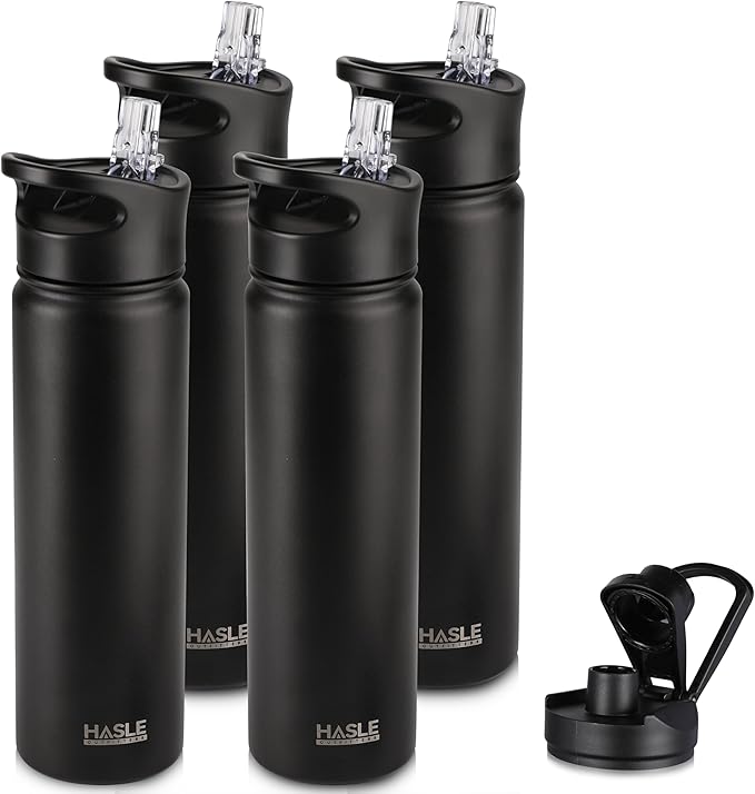 HASLE OUTFITTERS Insulated Water Bottle 22 oz Double Wall Stainless Steel Water Bottle Wide Mouth with Straw Lid & Spout Lid Keeps Cold or Hot(Black,4)