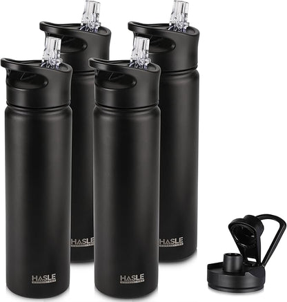 HASLE OUTFITTERS Insulated Water Bottle 22 oz Double Wall Stainless Steel Water Bottle Wide Mouth with Straw Lid & Spout Lid Keeps Cold or Hot(Black,4)