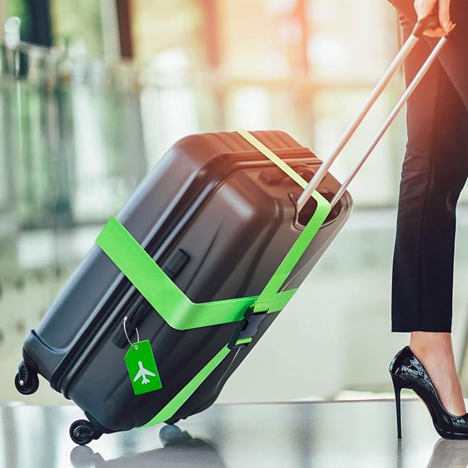 Weewooday 8 Pcs Luggage Straps Suitcase Tags Set for TSA Approved, 4 Travel Adjustable Suitcase Belt, 4 Silicone Luggage Tags with Name ID Card Travel Accessories(Fluorescent Green,Airplane)